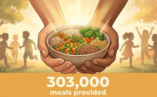 An image of two hands holding a bowl of food. Children play in the background. The words "303,000 Meals Provided" are along the bottom of the image.  All reflective of Red Flag Reporting's Title Sponsorship of Grace Race 5k.