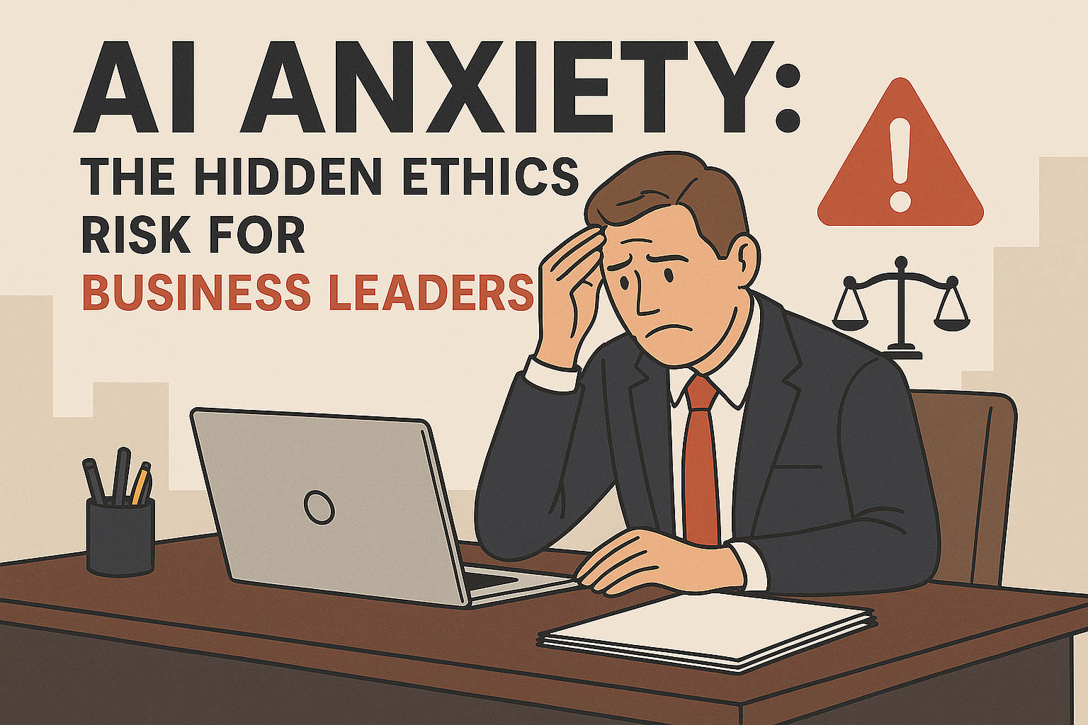 AI Anxiety An image of a distressed businessman sitting at his computer with the words "AI Anxiety: The hidden ethics risk for business leaders" printed on the scene.
