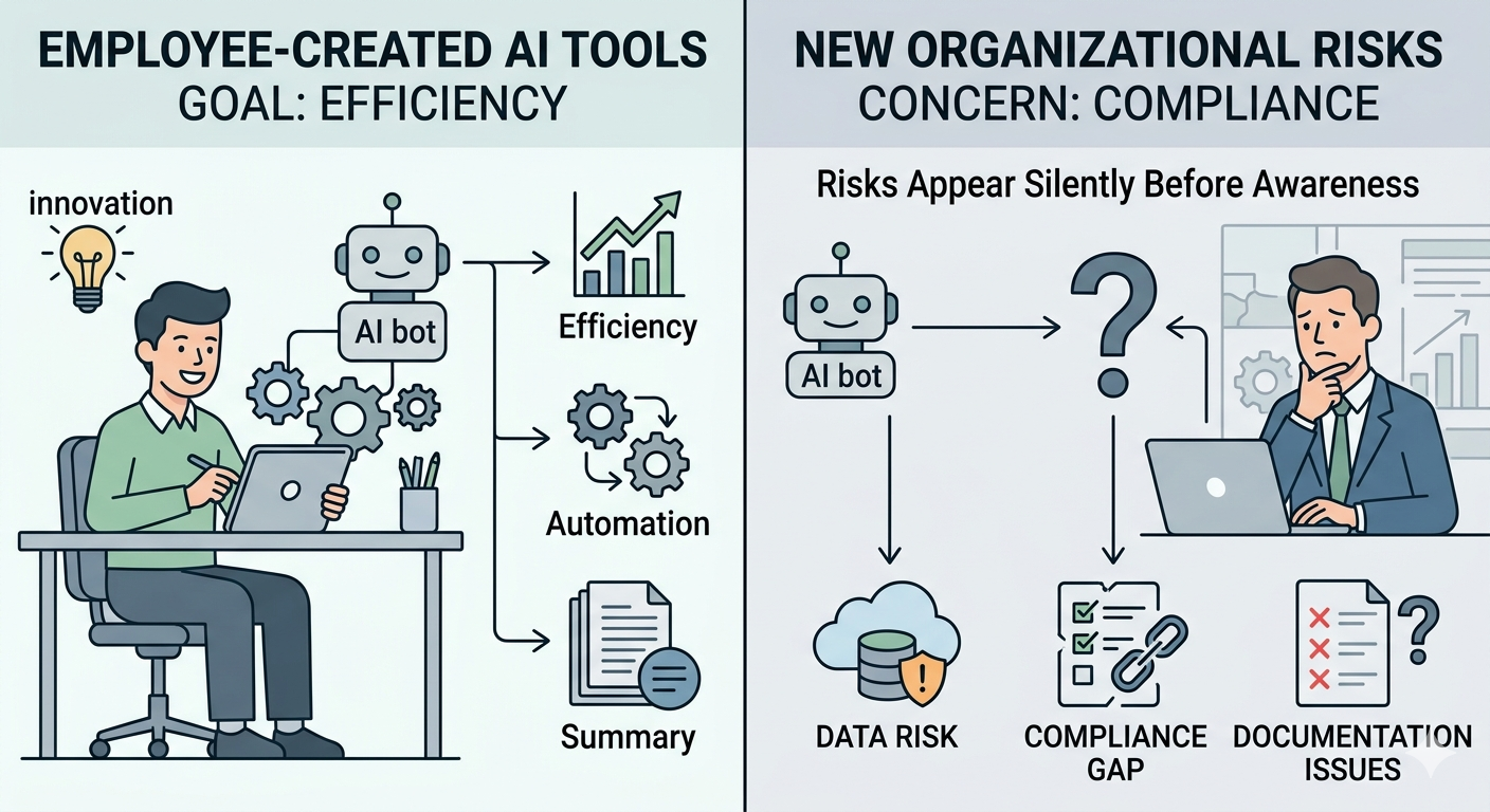 A dual-panel infographic on AI Shadow IT. Left: An employee uses AI bots to drive efficiency and automation. Right: A concerned manager faces hidden risks, including data exposure, compliance gaps, and documentation issues that appear silently before leadership is aware.