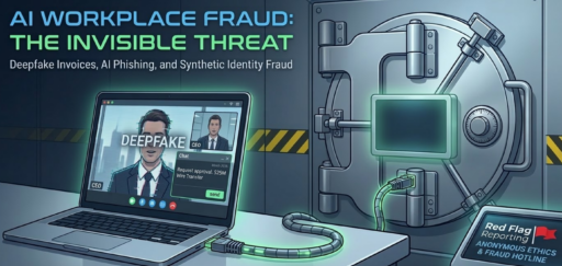 An illustration for a guide to "AI Workplace Fraud" that shows a laptop displaying a deepfake of a CEO requesting a fraudulent wire transfer, with a glowing connection to a physical vault.