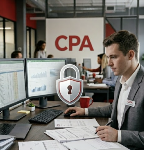 An accountant reviews financial documents in a professional office, representing the need for an accounting firm ethics hotline to protect integrity and prevent fraud.