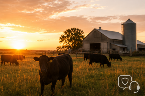 Farm and livestock operation with a confidential agriculture compliance hotline icon overlay