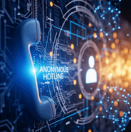 an image containing a phone receiver, computer circuitry, and the words anonymous hotline, in relation to an anonymous hotline services. 