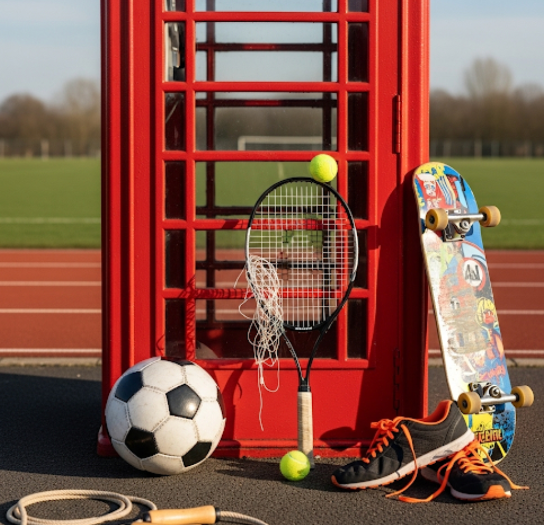 Athletic equipment next to a phone booth, implying an external hotline for athletes.