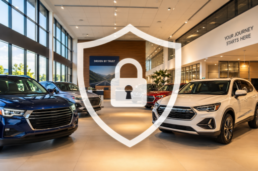 Modern automobile dealership showroom with a security shield graphic overlay, representing the protection offered by a dealership compliance hotline.