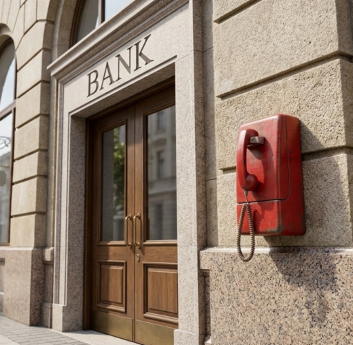 A photo-realistic image of a classic stone bank building exterior with a vintage red hotline phone mounted on the wall next to the entrance. The word "BANK" is carved into the stone above the wooden doors, symbolizing the availability of hotlines for banks and credit unions.
