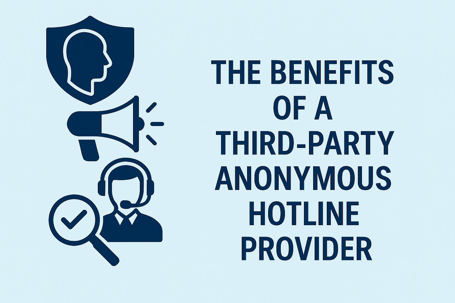 Benefts of Hotline Provider shield and bullhorn leading to a secure intake agent, with the headline ‘The Benefits of a Third-Party Anonymous Hotline Provider.’