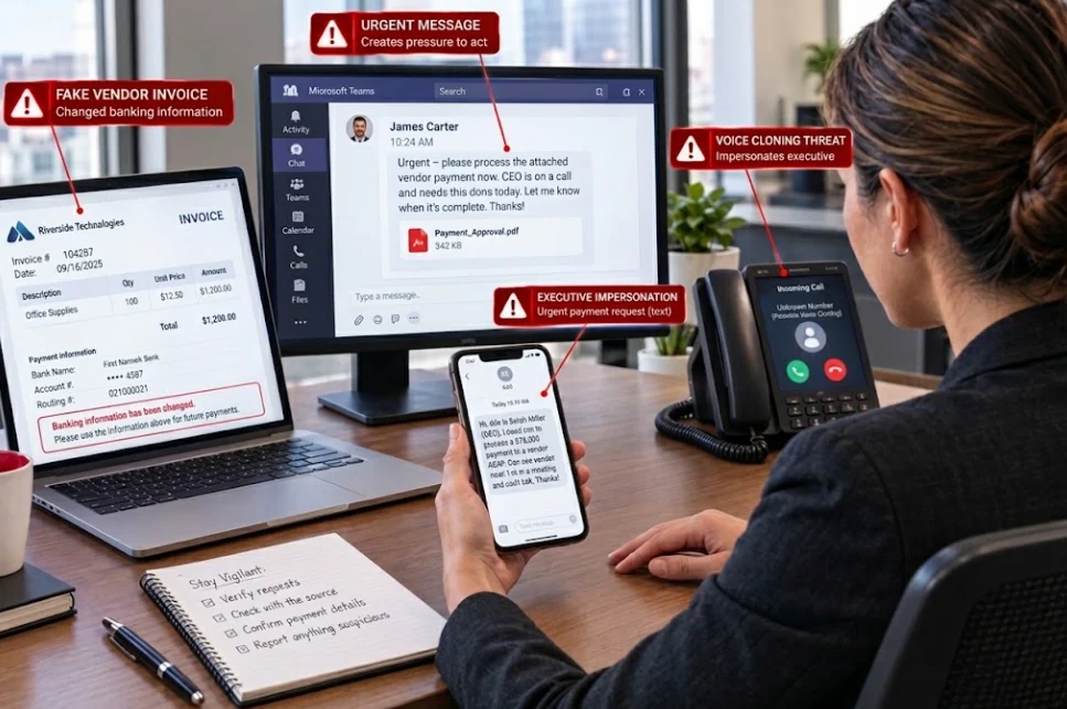 Business email compromise attack arriving through a vendor invoice, Microsoft Teams message, text message and phone call