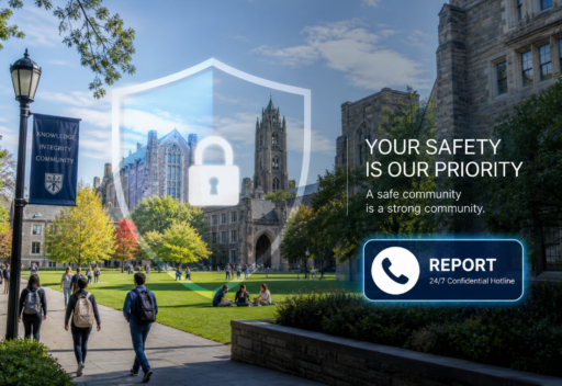 University campus with compliance hotline security overlay — illustrating how Red Flag Reporting's university compliance hotline protects students, faculty, and institutional integrity.
