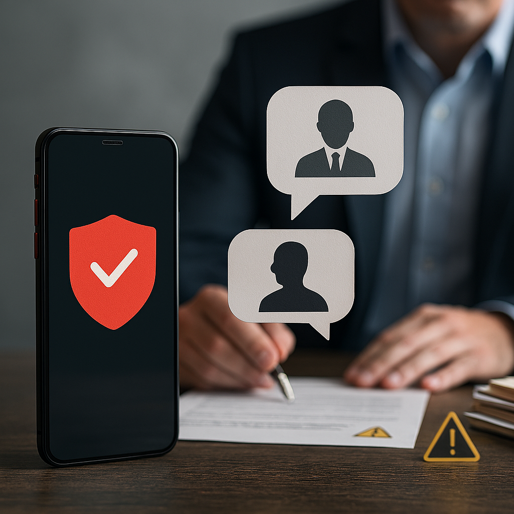 Photorealistic image of a hand holding a smartphone in a modern office setting, with a glowing shield icon on the screen symbolizing secure, anonymous reporting through an employee hotlines and fraud hotline, supporting a case study on workplace misconduct prevention.