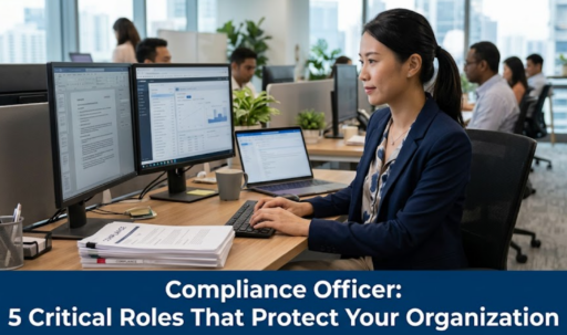 A Compliance Officer working at her desk in a modern corporate office, with an overlay that reads: Compliance Officer: 5 Critical Roles That Protect Your Organization.
