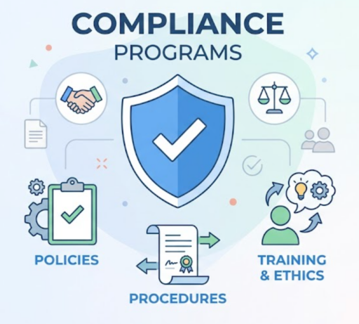 A clean vector illustration titled "COMPLIANCE PROGRAMS" with a large central blue shield and checkmark. Three key icons surround the shield, including "POLICIES" (clipboard with gears), "PROCEDURES" (signed document with arrows), and "TRAINING & ETHICS" (a person with gears and a lightbulb), illustrating the components of an effective compliance program.