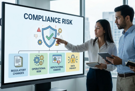 An image showing three professionals—two women and one man—in a modern office setting, gathered around a large digital display titled "COMPLIANCE RISK." One woman is pointing toward a central graphic on the screen: a blue shield with a green checkmark, surrounded by small warning icons like exclamation points and gears. Below the shield, a flowchart connects to four colorful icons labeled:

Regulatory Changes

Operational Risk

Reputational Damage

Data Privacy

The team is holding tablets and notebooks, appearing to be in an engaged discussion. High-rise city buildings are visible through the window in the background.