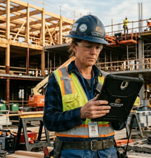 Construction manager using a compliance hotline reporting tool provided by a construction company compliance hotline service provider on a job site tablet