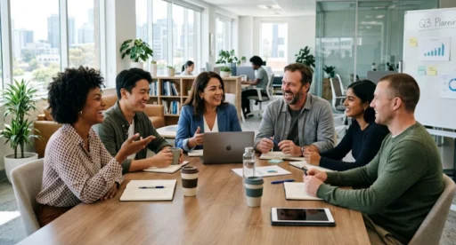 Coworkers having a friendly, respectful discussion in a meeting, illustrating a cordial workplace atmosphere