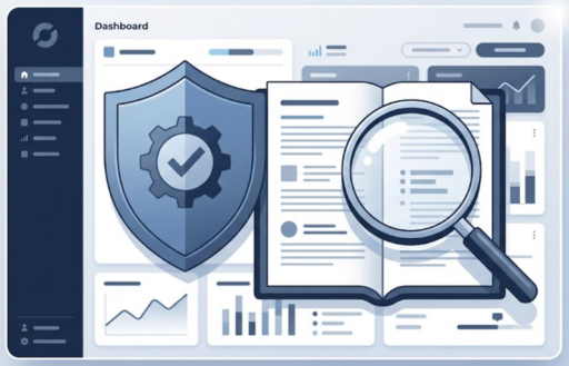 Illustration representing DOJ compliance program guidance and evaluation, showing a document under review with a magnifying glass and checklist icon.