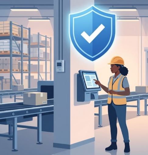 A group of employees stand in a warehouse in a vector illustration representing the compliance hotline distribution industry.