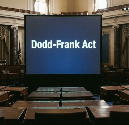 An empty, formal senate chamber with rows of dark wood desks facing a large central projection screen. The screen displays the text "Dodd-Frank Act" in a clean, bold white font against a dark blue background. The room features ornate architectural details, including marble columns and heavy gold-trimmed curtains in the background.