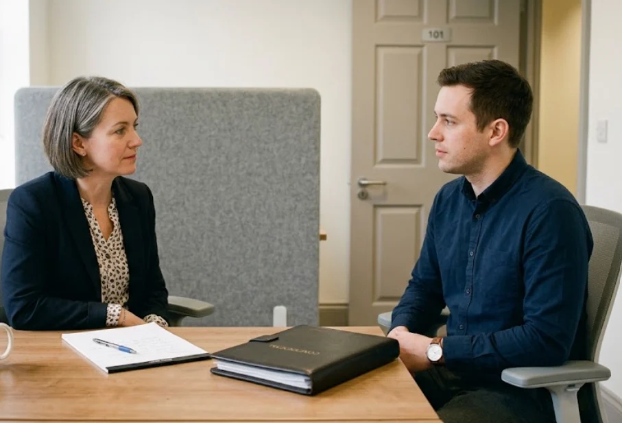 HR manager and employee in a private office meeting discussing how to handle employee arrests outside of work