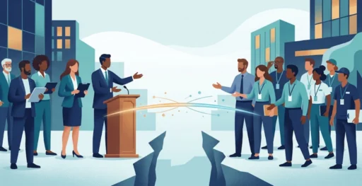 Illustration showing the employee expectations gap between workplace leaders and staff, connected by a bridge of communication