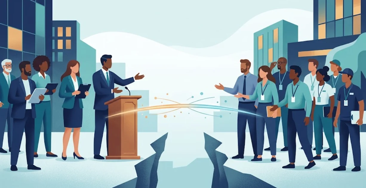 Employee Expectaton Gap Illustration showing the employee expectations gap between workplace leaders and staff, connected by a bridge of communication