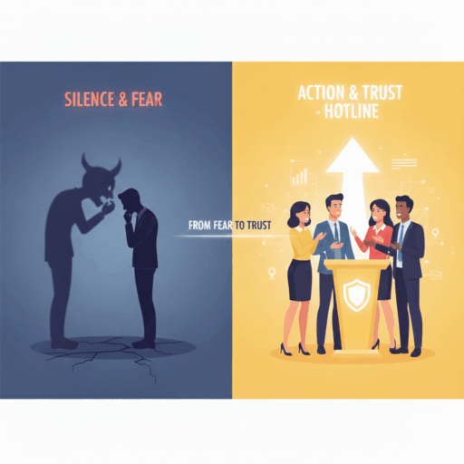A conceptual split-screen illustration titled "From Fear to Trust." On the dark left side, silenced employees stand in the shadow of a large monster representing workplace misconduct. On the bright right side, a glowing "Hotline" light shines down, showing empowered employees talking openly around a table. Icons for "Confidentiality," "Data-Driven Evolution," and "Action & Transparency" bridge the two scenes, showing the transformation of workplace culture.