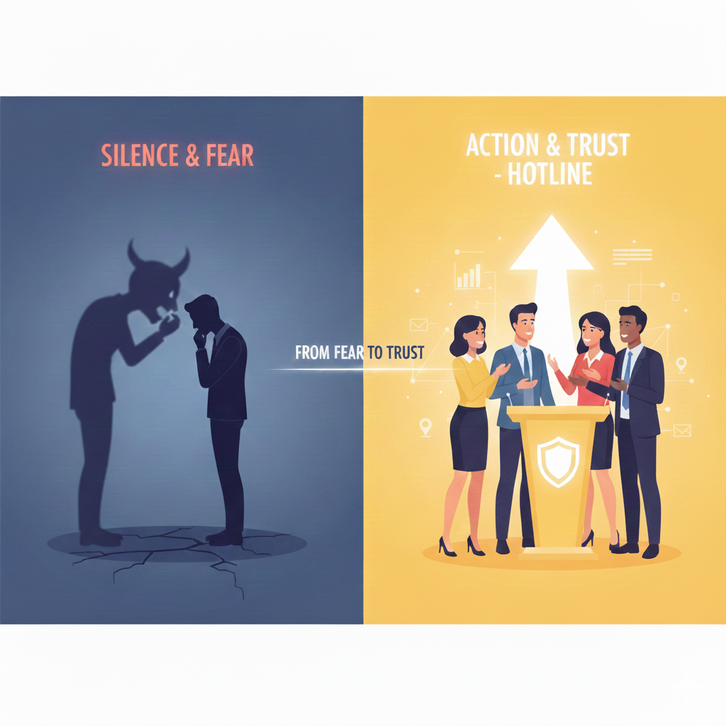 A conceptual split-screen illustration titled "From Fear to Trust." On the dark left side, silenced employees stand in the shadow of a large monster representing workplace misconduct. On the bright right side, a glowing "Hotline" light shines down, showing employees empowered by independent hotlines talking openly around a table. Icons for "Confidentiality," "Data-Driven Evolution," and "Action & Transparency" bridge the two scenes, showing the transformation of workplace culture.