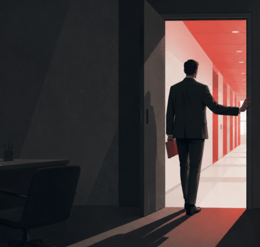 Employee paused at a doorway, illustrating the fear of retaliation that keeps workplace misconduct unreported.