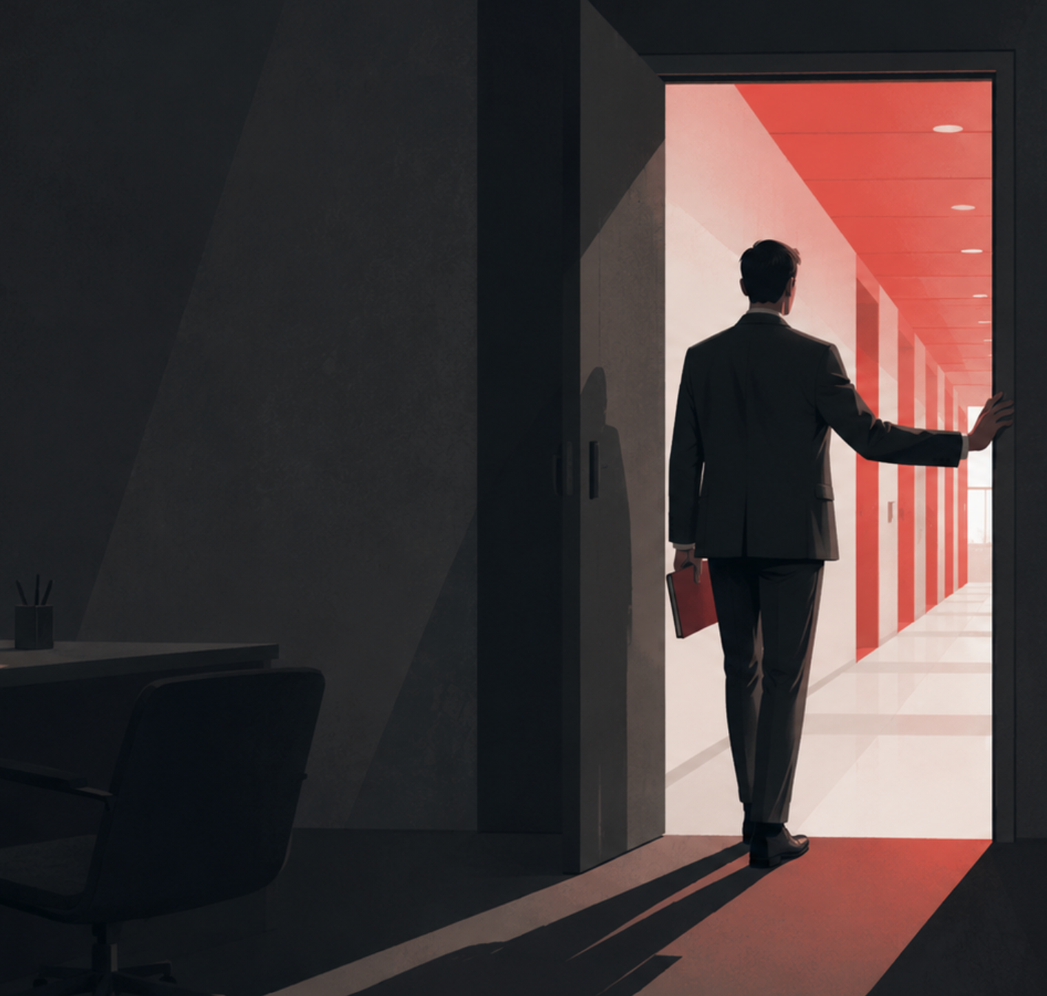 Fear v Retaliation Employee paused at a doorway, illustrating the fear of retaliation that keeps workplace misconduct unreported.