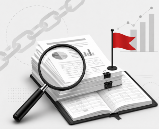 Illustration of a magnifying glass examining financial documents and a ledger beside a red flag icon, representing a forensic investigation into financial misconduct.