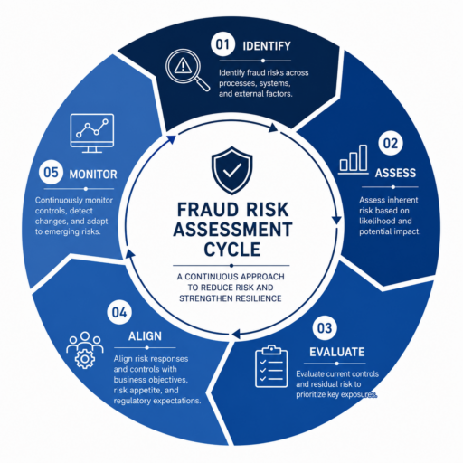 Diagram illustrating the five-stage fraud risk assessment cycle: Identify, Assess, Evaluate, Align, and Monitor, arranged as a continuous cycle to reduce risk and strengthen resilience.