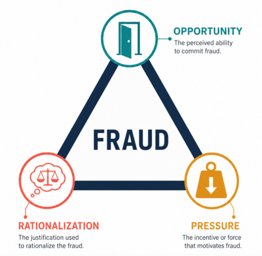 Infographic illustrating the fraud triangle framework, showing the three elements required for fraud to occur: Opportunity, Pressure, and Rationalization.