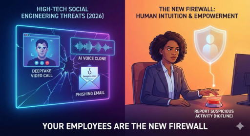 A split-screen illustration for Social Engineering Prevention in 2026. On the left, a digital screen displays high-tech AI threats including a deepfake video call, an AI voice clone, and a phishing email. On the right, an empowered office professional uses her intuition to report suspicious activity via a red hotline button under a protective shield icon.