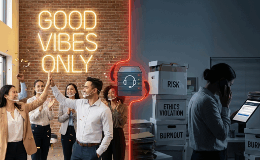 A split image for Toxic Positivity in the Workplace. One side shows forced 'Good Vibes Only,' the other shows hidden boxes labeled RISK and BURNOUT, linked by a confidential hotline.
