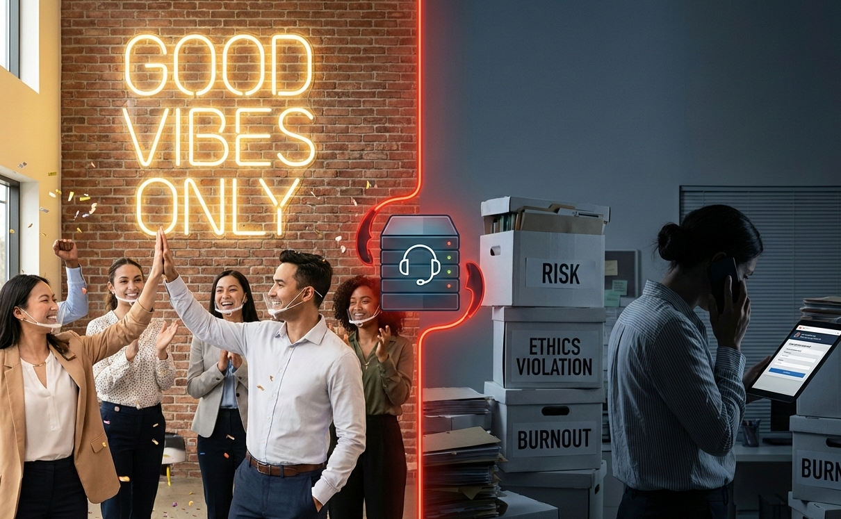 Good vibes only A split image for Toxic Positivity in the Workplace. One side shows forced 'Good Vibes Only,' the other shows hidden boxes labeled RISK and BURNOUT, linked by a confidential hotline.
