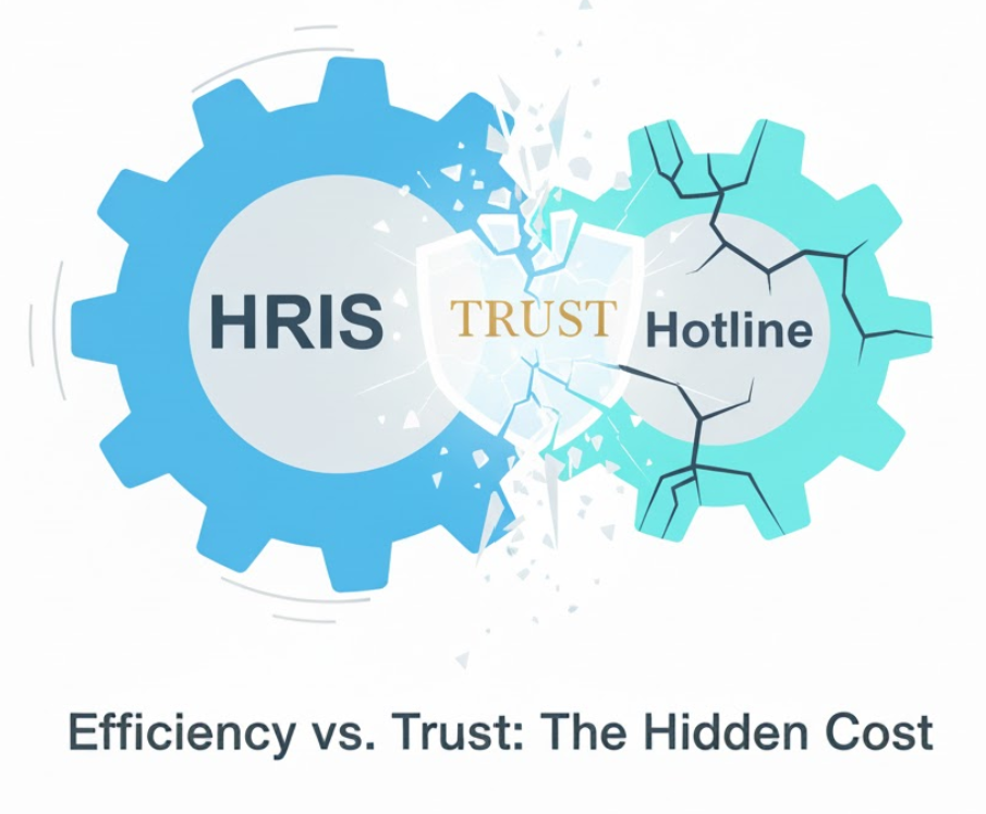 HRIS A graphic showing two interlocking gears, one labeled HRIS and the other Hotline, representing the integration of systems. A shield labeled TRUST is being crushed and fractured between the meshing gears, symbolizing how system integration destroys a speak up culture.