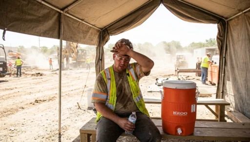 Construction worker drinking water in a shaded break area on a hot day, an example of heat illness prevention on the job