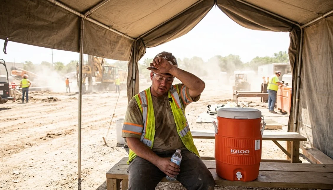 Construction worker drinking water in a shaded break area on a hot day, an example of heat illness prevention on the job