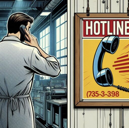 A comic book style drawing of an employee on a phone.  In the foreground is a poster with the word Hotline on it.