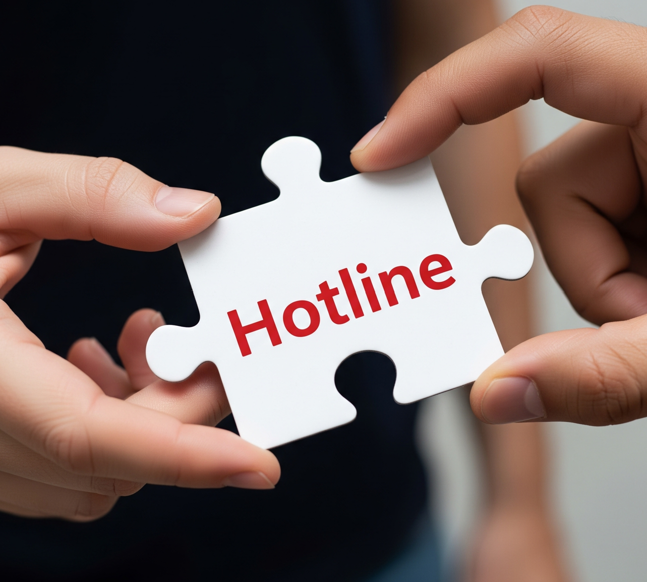 two hands holding a puzzle piece with the word hotline on it. This implies that the hotline is an important piece of the overall picture.