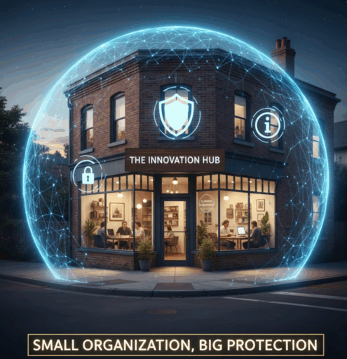 An image of a store front protected by a forcefield, representing a hotline service for a small organization.