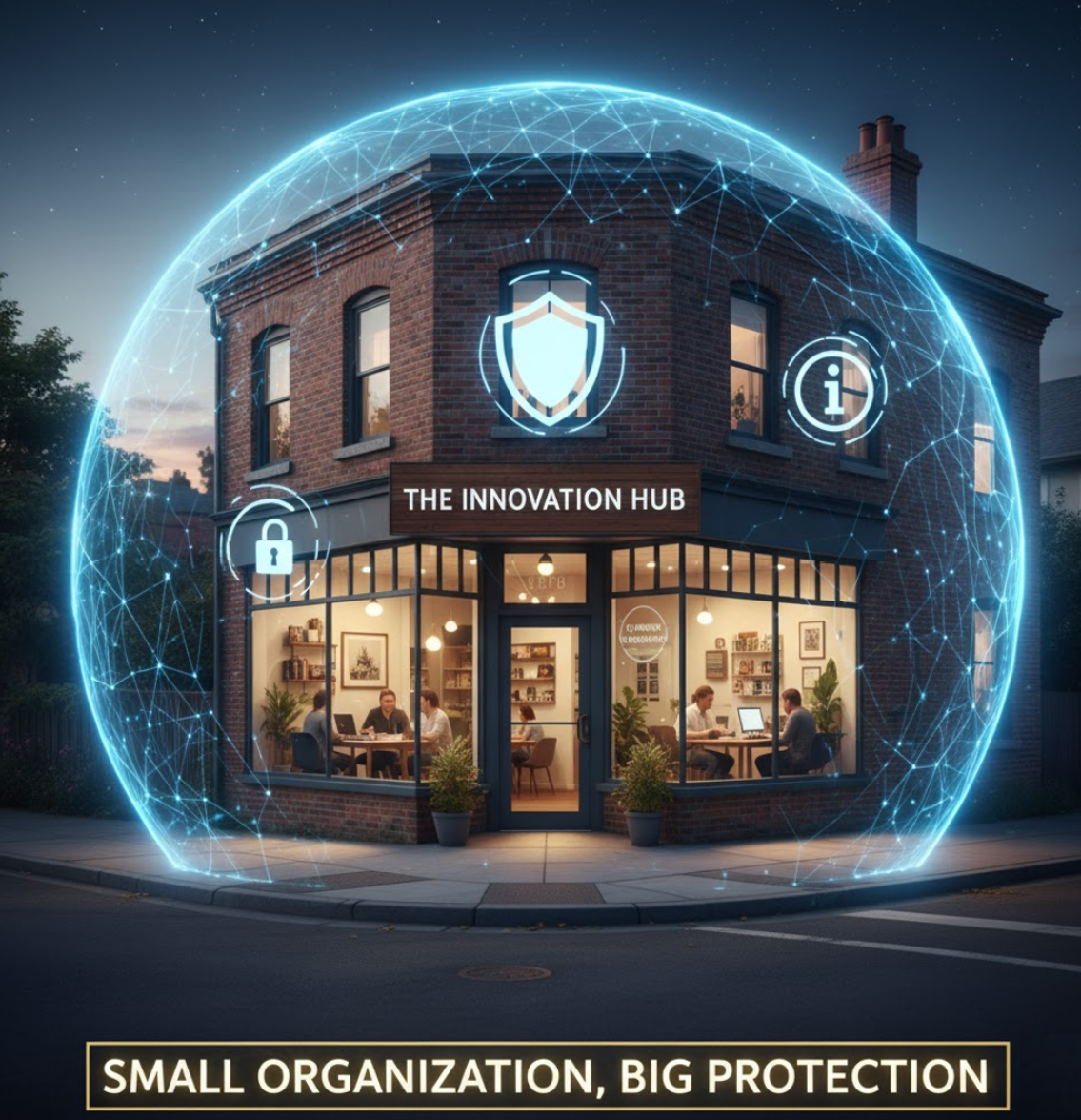 An image of a store front protected by a forcefield, representing a hotline service for a small organization.