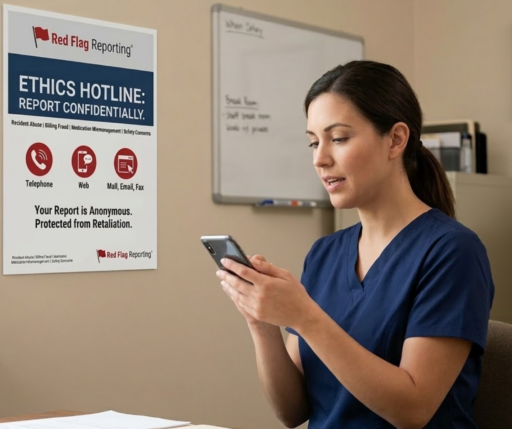 A nursing assistant uses her smartphone while sitting next to a compliance poster promoting an anonymous Hotline for Long Term Care Facilities.
