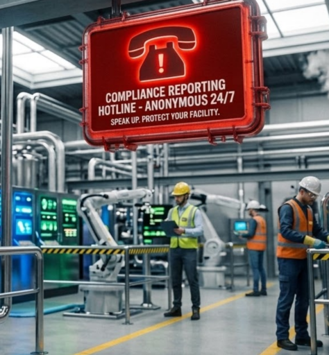 Industrial photo of a modern manufacturing facility with multiple workers in safety gear operating and maintaining complex machinery, including pipelines and a robotic arm. A prominent illuminated red sign hangs from the ceiling, displaying a telephone icon with a red exclamation point and the text: 'COMPLIANCE REPORTING HOTLINE - ANONYMOUS 24/7. SPEAK UP. PROTECT YOUR FACILITY.' and serves as a reliable hotline for manufacturers to report concerns.
