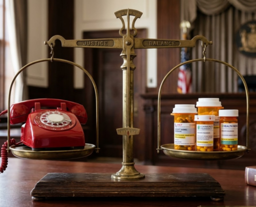 A photorealistic image of brass balance scales of justice on a polished wooden desk in a courtroom. A red vintage rotary phone, representing a potential hotline for pharmaceutical companies, sits on one pan of the scales, while several orange prescription pill bottles are on the other. A law book and gavel lie nearby.