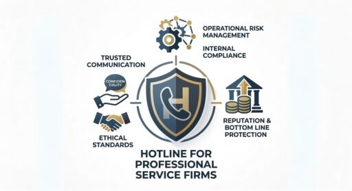 A professional-looking graphic illustration featuring a shield with a telephone icon at its center, representing a hotline for professional service firms. The shield is surrounded by icons symbolizing data protection, financial security, and reputation management. The color palette uses deep blues and gold accents against a clean, corporate background.