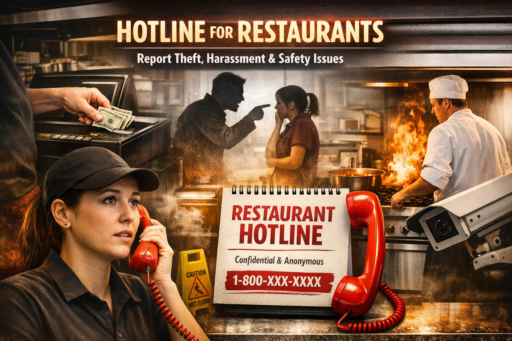 Promotional image for hotlines for restaurants showing scenes of workplace risks: a hand taking cash from a register, two individuals in a restaurant kitchen engaged in a tense interaction, a cook working near a stovetop fire, and a person using a red phone to report an issue. A security camera is positioned on the right, and a notepad in the center reads “Restaurant Hotline — Confidential & Anonymous — 1-800-XXX-XXXX.”