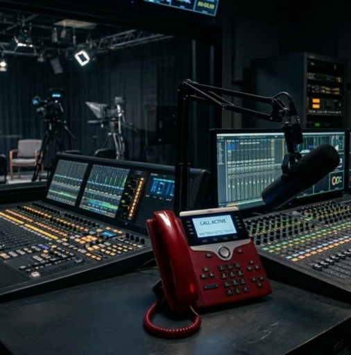 A photo-realistic image of a professional broadcast studio control room, with a distinct red telephone labeled 'Call Active' in the foreground, highlighting a Hotline for Media and Entertainment Industry.