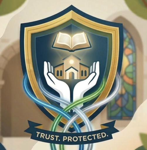 A graphic illustration for an Ethics Hotline for Faith-Based Organizations, featuring a blue and gold shield. Within the shield, an open book floats above two cupped white hands holding a religious facility. Below, a banner reads 'TRUST. PROTECTED.' with blue and green lines swirling around it. The background shows a religious facility with arches and stained-glass windows.