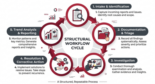 Circular diagram illustrating the five stages of the workplace incident management lifecycle: intake, documentation, investigation, resolution, and trend analysis.